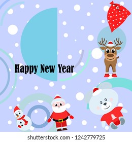 Christmas card, Santa snowman deer bear bag, vector background