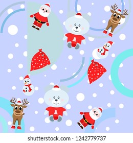 Christmas card, Santa snowman deer bear bag, vector background