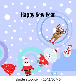 Christmas card, Santa snowman deer bear bag, vector background