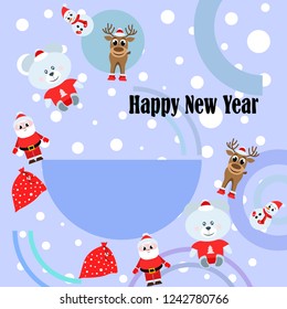 Christmas card, Santa snowman deer bear bag, vector background