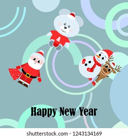 Christmas card, Santa snowman deer bear bag, vector background