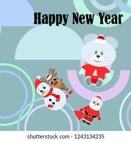 Christmas card, Santa snowman deer bear bag, vector background