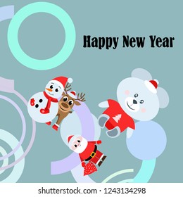 Christmas card, Santa snowman deer bear bag, vector background