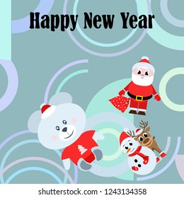 Christmas card, Santa snowman deer bear bag, vector background