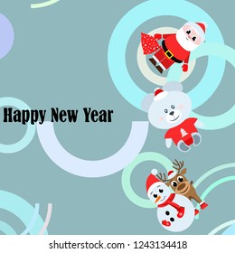 Christmas card, Santa snowman deer bear bag, vector background