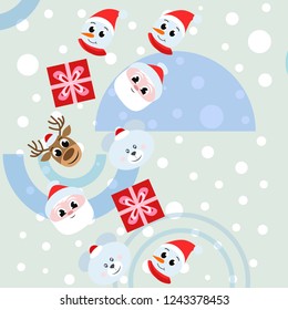 Christmas card, Santa snowman deer bear bag, vector background