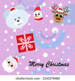 Christmas card, Santa snowman deer bear bag, vector background