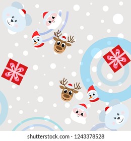 Christmas card, Santa snowman deer bear bag, vector background