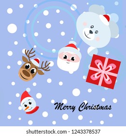 Christmas card, Santa snowman deer bear bag, vector background