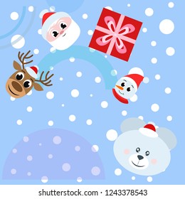 Christmas card, Santa snowman deer bear bag, vector background