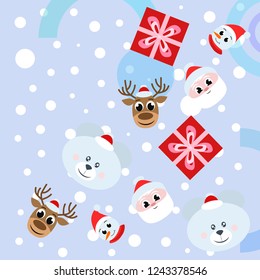 Christmas card, Santa snowman deer bear bag, vector background
