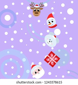 Christmas card, Santa snowman deer bear bag, vector background