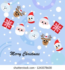 Christmas card, Santa snowman deer bear bag, vector background