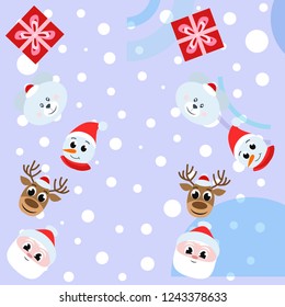 Christmas card, Santa snowman deer bear bag, vector background