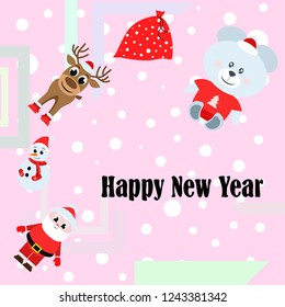 Christmas card, Santa snowman deer bear bag, vector background