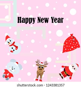 Christmas card, Santa snowman deer bear bag, vector background