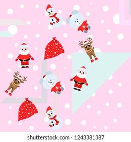 Christmas card, Santa snowman deer bear bag, vector background