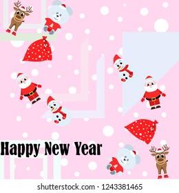 Christmas card, Santa snowman deer bear bag, vector background