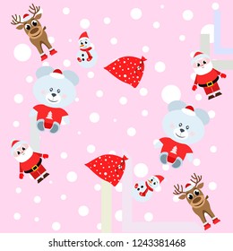 Christmas card, Santa snowman deer bear bag, vector background