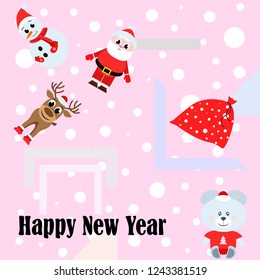 Christmas card, Santa snowman deer bear bag, vector background