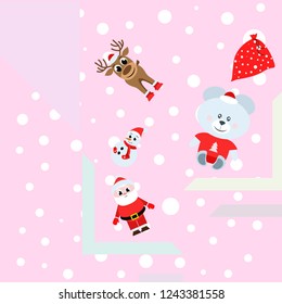 Christmas card, Santa snowman deer bear bag, vector background