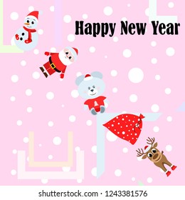 Christmas card, Santa snowman deer bear bag, vector background