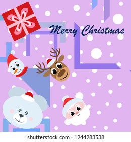 Christmas card, Santa snowman deer bear bag, vector background