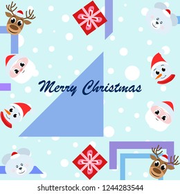 Christmas card, Santa snowman deer bear bag, vector background