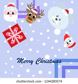 Christmas card, Santa snowman deer bear bag, vector background