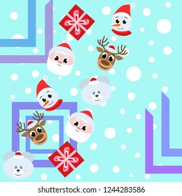 Christmas card, Santa snowman deer bear bag, vector background