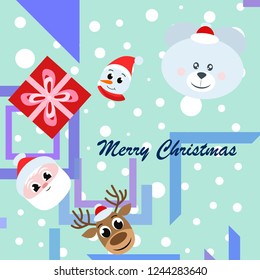 Christmas card, Santa snowman deer bear bag, vector background