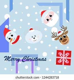 Christmas card, Santa snowman deer bear bag, vector background