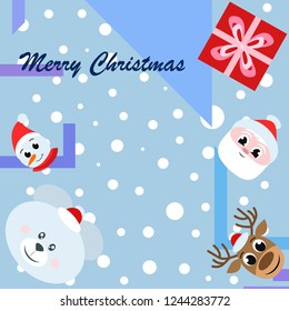 Christmas card, Santa snowman deer bear bag, vector background