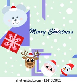 Christmas card, Santa snowman deer bear bag, vector background