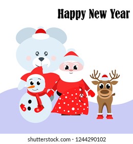 Christmas card, Santa snowman deer bear bag, vector background