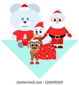 Christmas card, Santa snowman deer bear bag, vector background