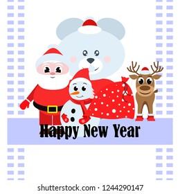 Christmas card, Santa snowman deer bear bag, vector background