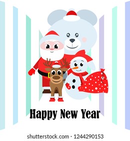 Christmas card, Santa snowman deer bear bag, vector background