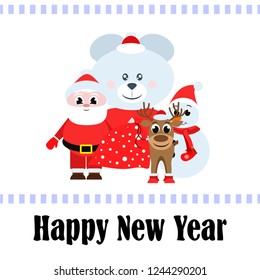 Christmas card, Santa snowman deer bear bag, vector background