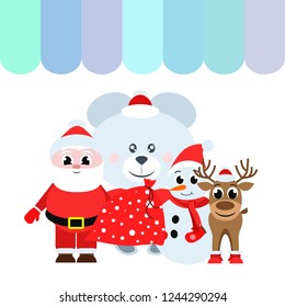 Christmas card, Santa snowman deer bear bag, vector background