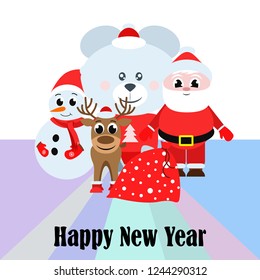 Christmas card, Santa snowman deer bear bag, vector background