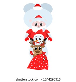 Christmas card, Santa snowman deer bear bag, vector background