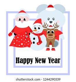 Christmas card, Santa snowman deer bear bag, vector background