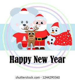 Christmas card, Santa snowman deer bear bag, vector background