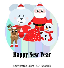 Christmas card, Santa snowman deer bear bag, vector background