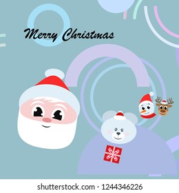 Christmas card, Santa snowman deer bear bag, vector background