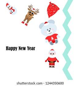 Christmas card, Santa snowman deer bear bag, vector background