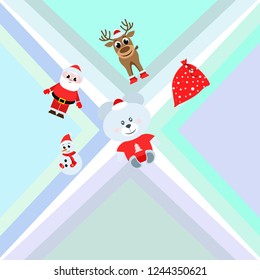 Christmas card, Santa snowman deer bear bag, vector background