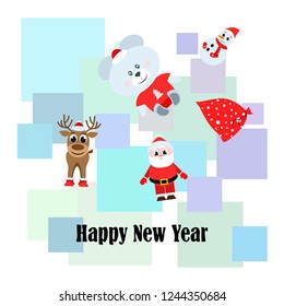 Christmas card, Santa snowman deer bear bag, vector background