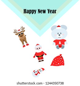 Christmas card, Santa snowman deer bear bag, vector background